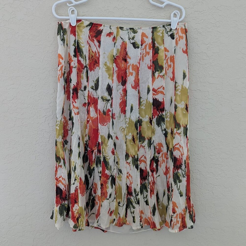 Liberte by Emanuel Pleated Watercolor Floral Skirt Silk Cotton Size 14
